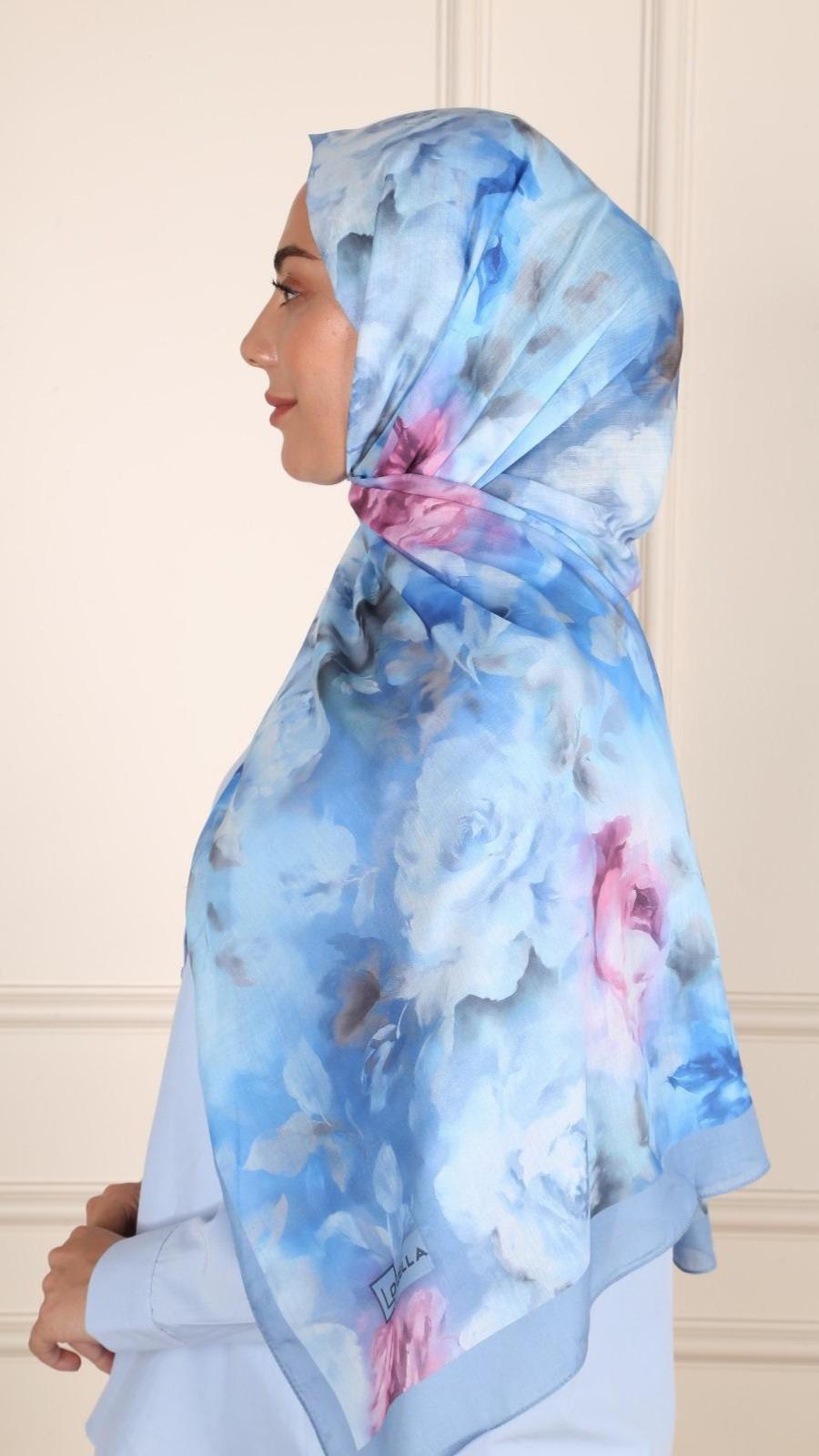 Desenli Pamuk Vual Şal Mavi-11