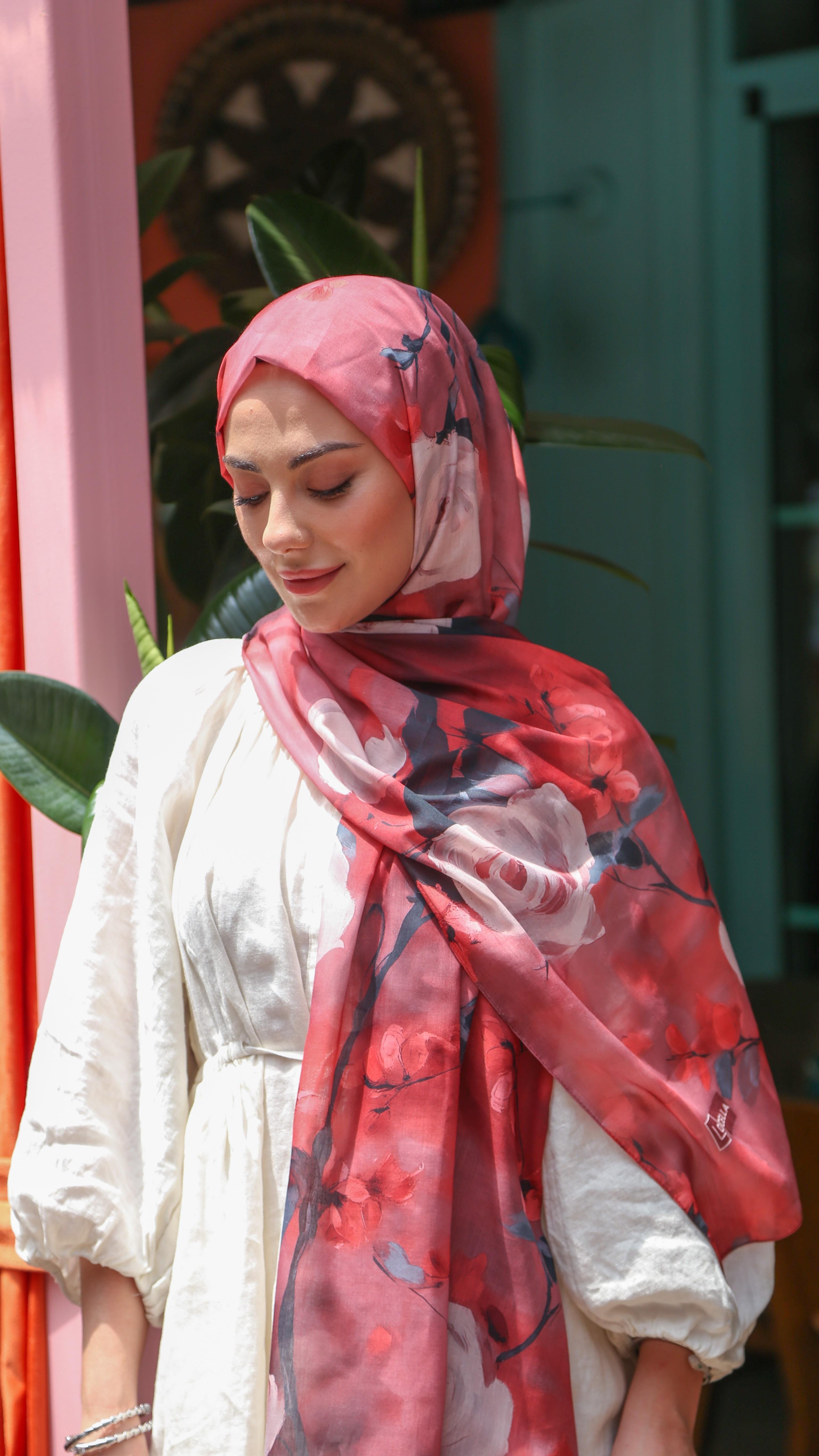 Desenli Pamuk Vual Şal Nar Çiçeği-1