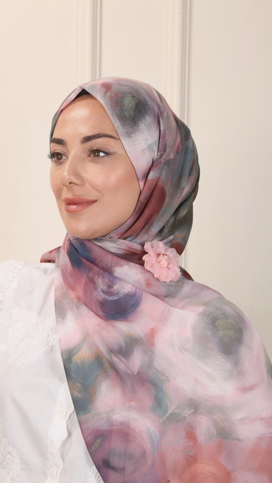 Desenli Pamuk Vual Şal Pudra Pembe-1