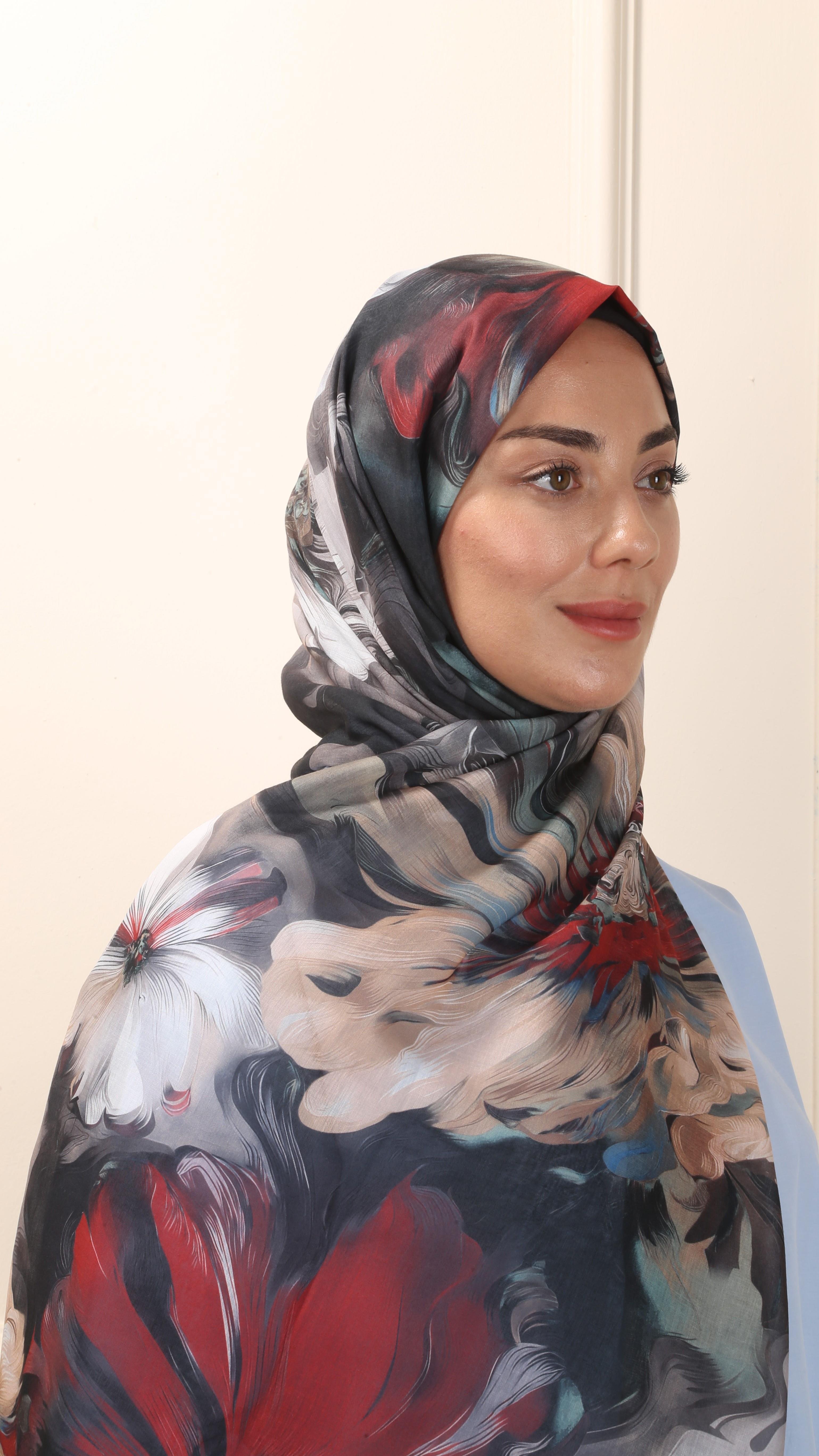 Desenli Pamuk Vual Şal Siyah-Kırmızı-7