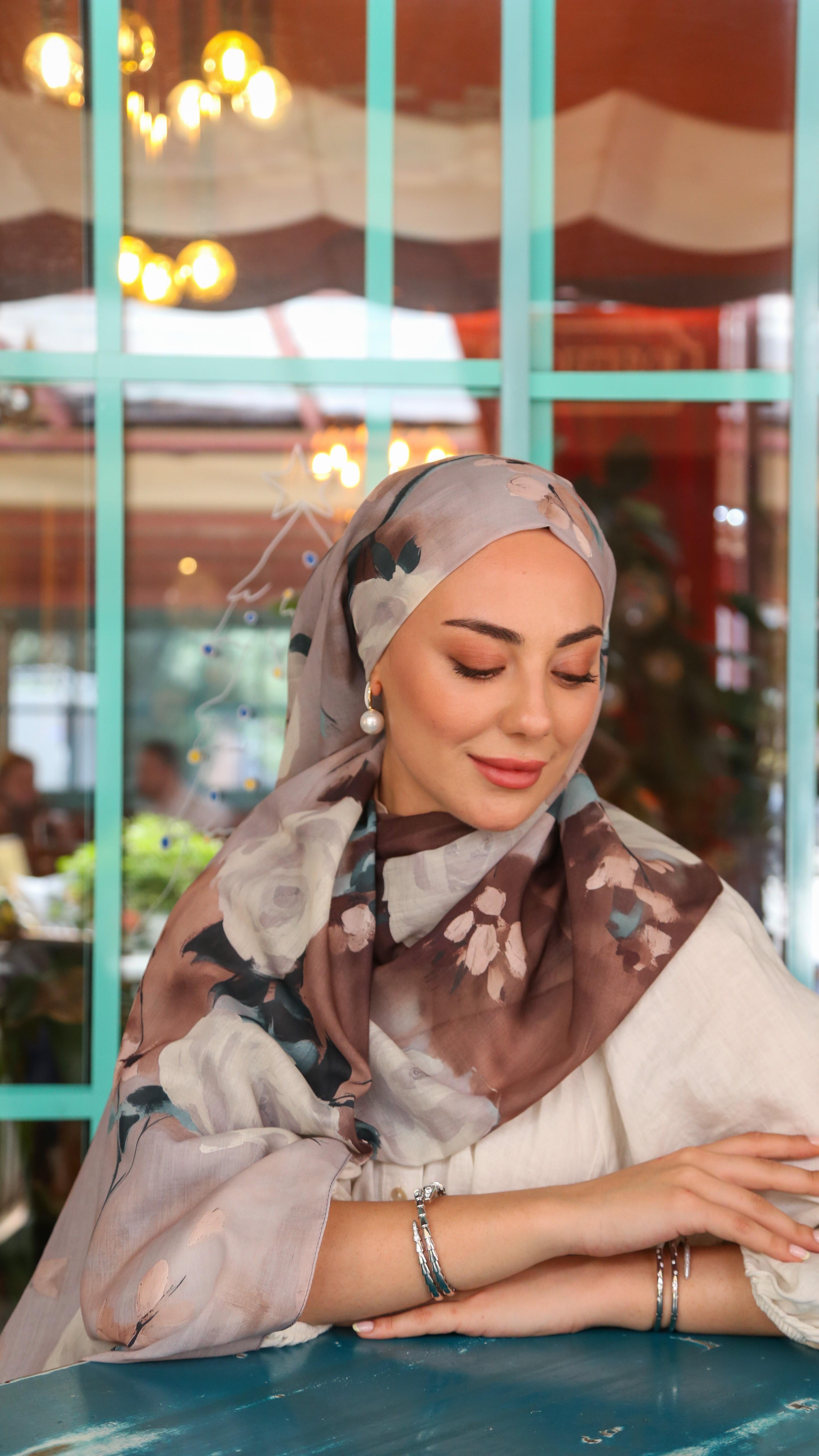 Desenli Pamuk Vual Şal Sütlü Kahve-10