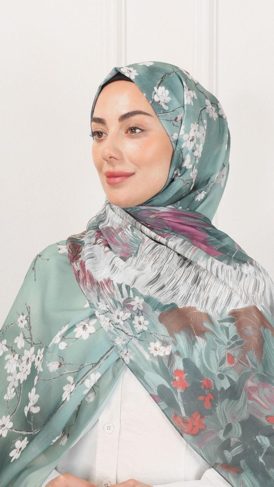 Desenli Pamuk Vual Şal Su Yeşili-7