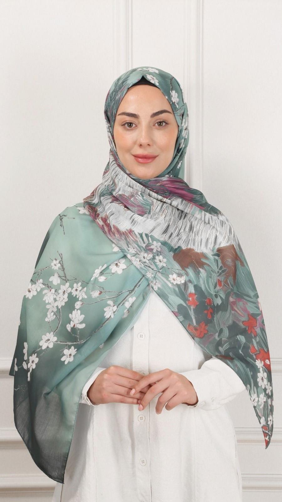 Desenli Pamuk Vual Şal Su Yeşili-7