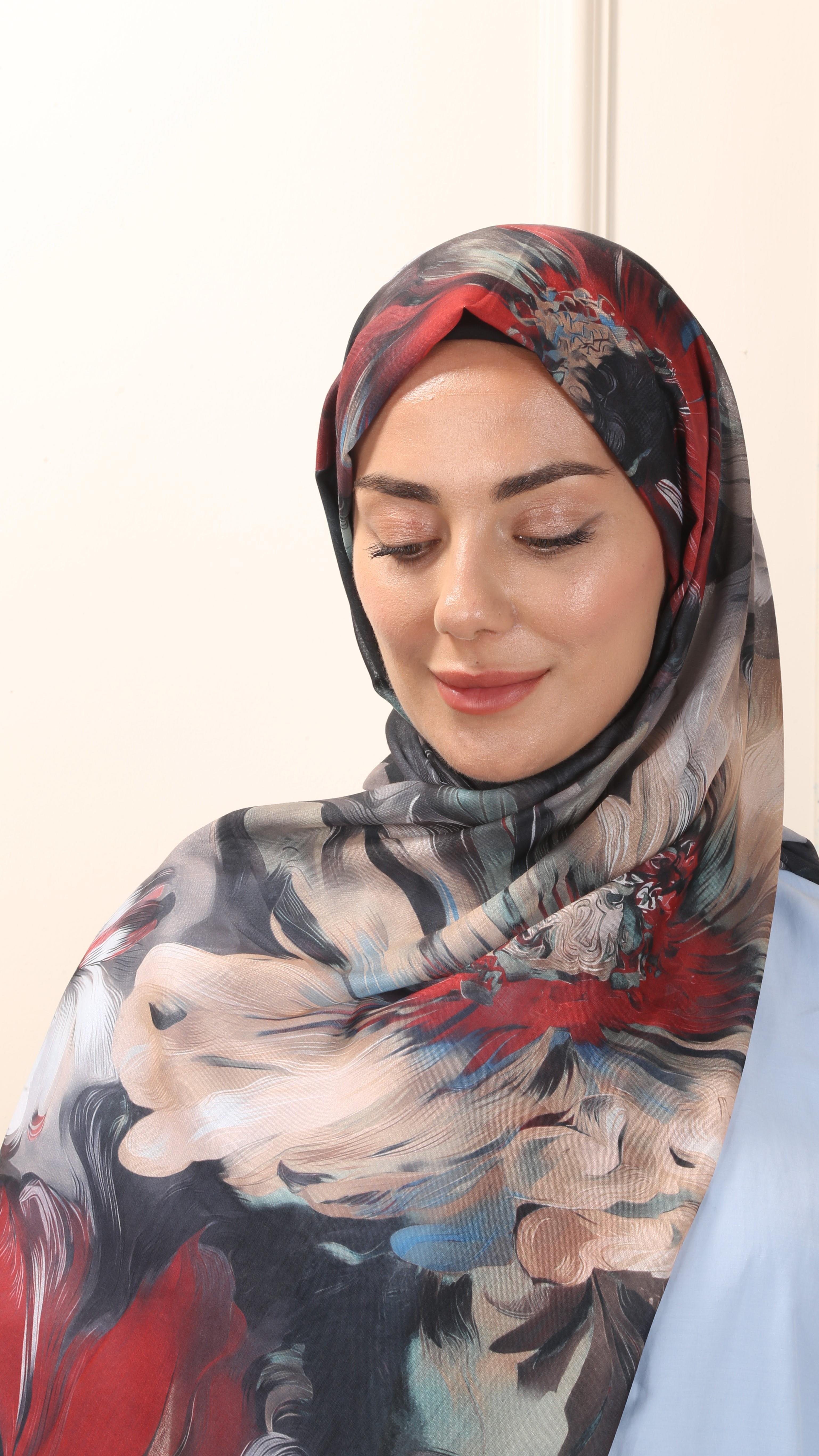 Desenli Pamuk Vual Şal Siyah-Kırmızı-7