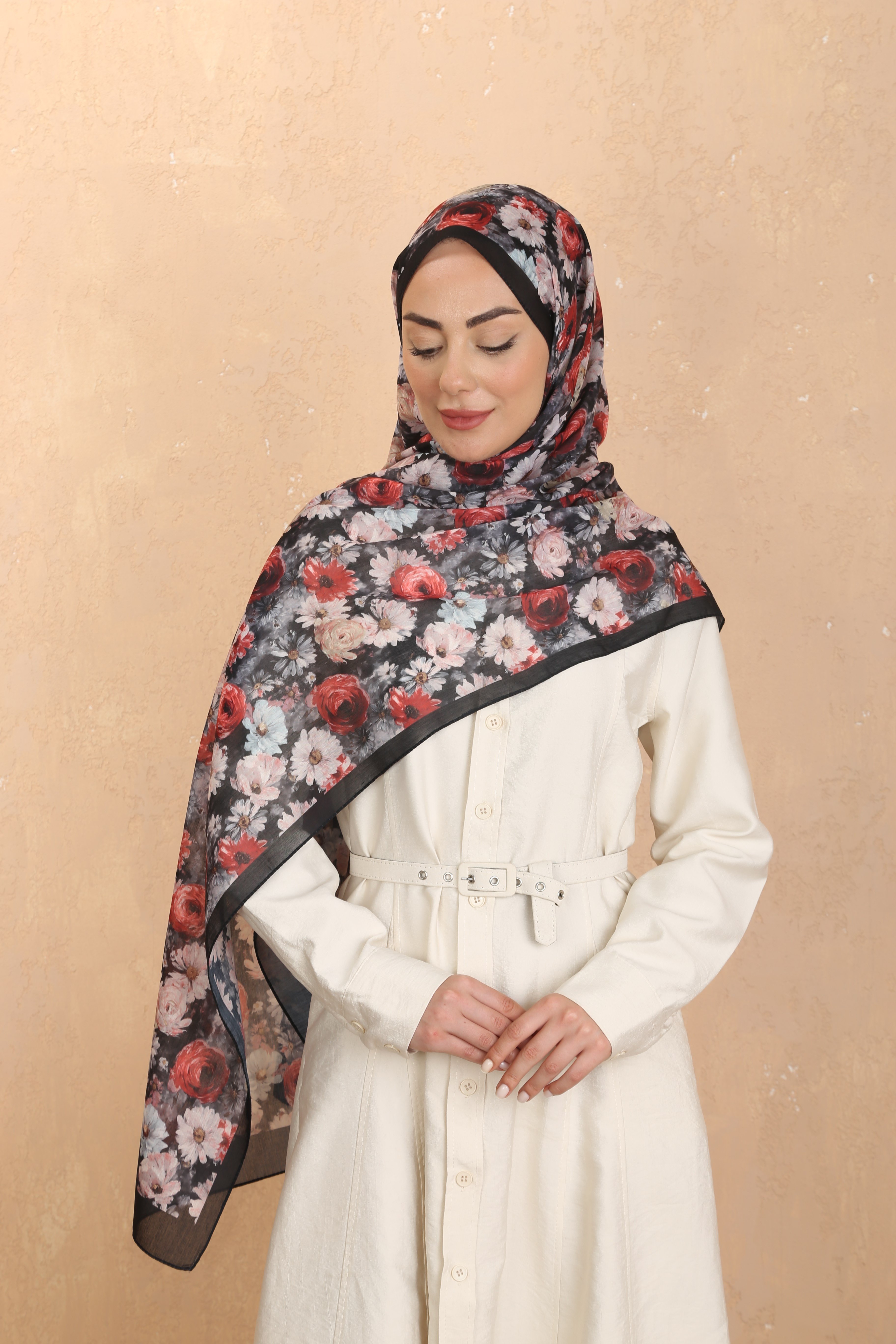 Desenli Pamuk Vual Şal-Siyah Kırmızı