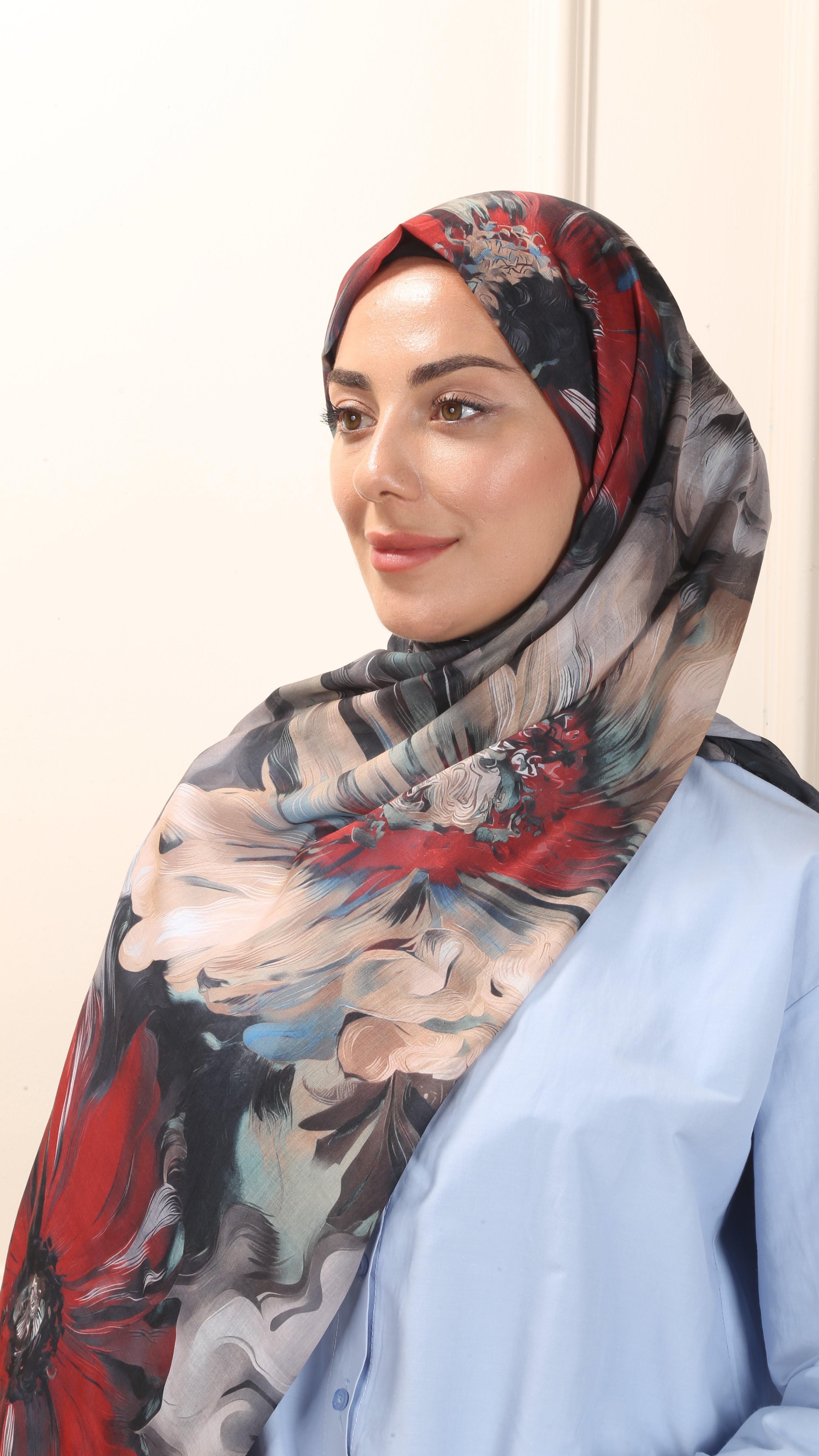 Desenli Pamuk Vual Şal Siyah-Kırmızı-7