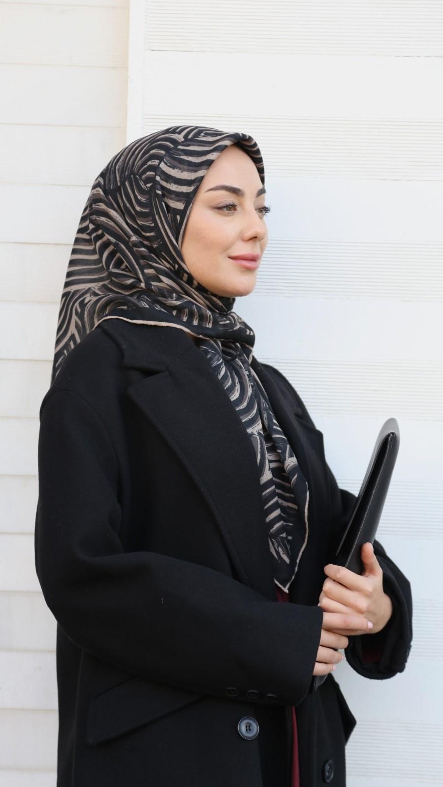 Locella Soft Pamuk Eşarp Siyah Vizon-5