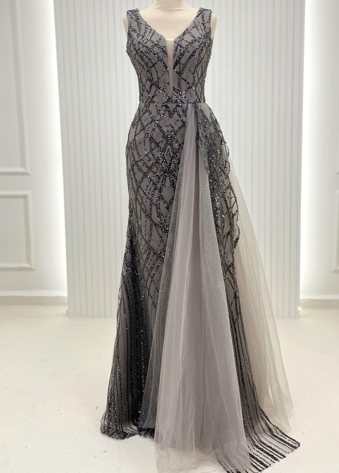Antrasit Nakışlı Dantelli Abiye Nakışlı Kaftan Damatlık Kombin Set 38