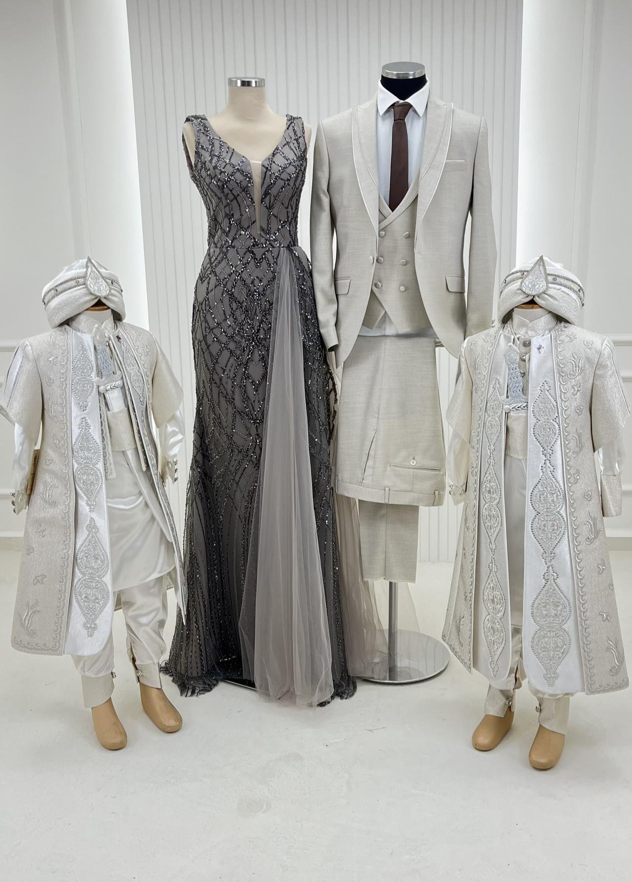 Antrasit Nakışlı Dantelli Abiye Nakışlı Kaftan Damatlık Kombin Set 38