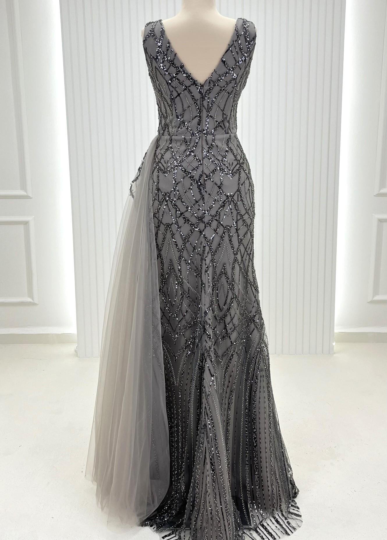 Antrasit Nakışlı Dantelli Abiye Nakışlı Kaftan Damatlık Kombin Set 38