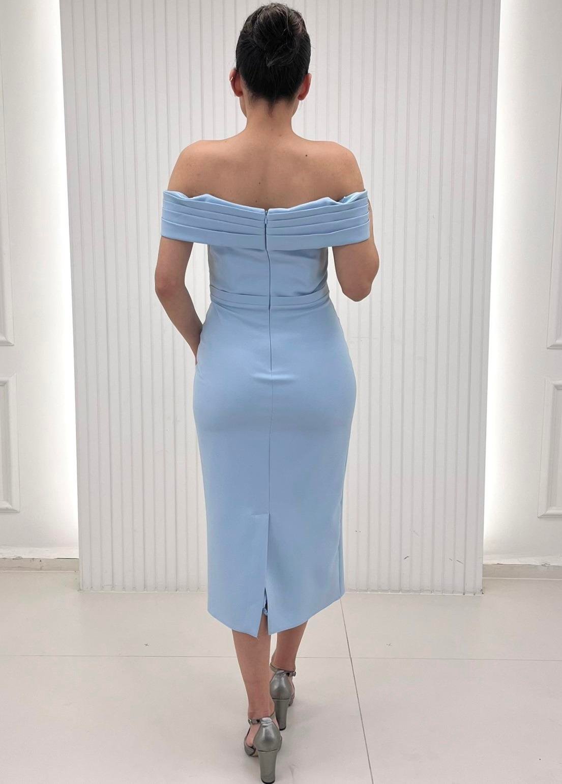 Bebe Mavisi Kayık Yaka Drapeli Kısa Krep Elbise