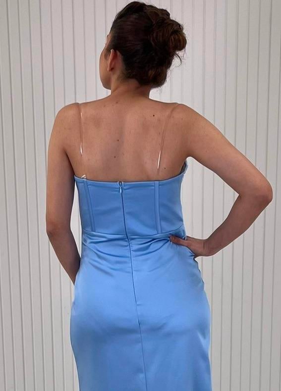Bebe Mavisi Straplez Korsajlı Taş İşlemeli Uzun Saten Abiye Elbise 