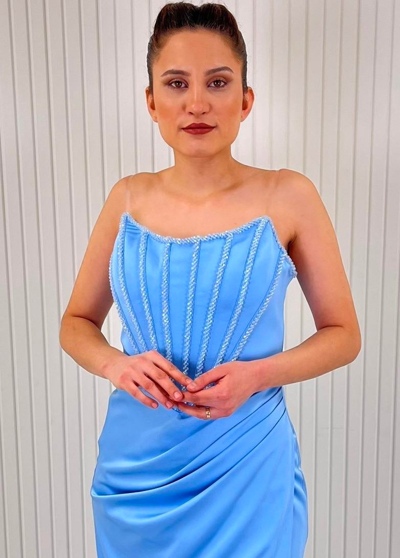 Bebe Mavisi Straplez Korsajlı Taş İşlemeli Uzun Saten Abiye Elbise 