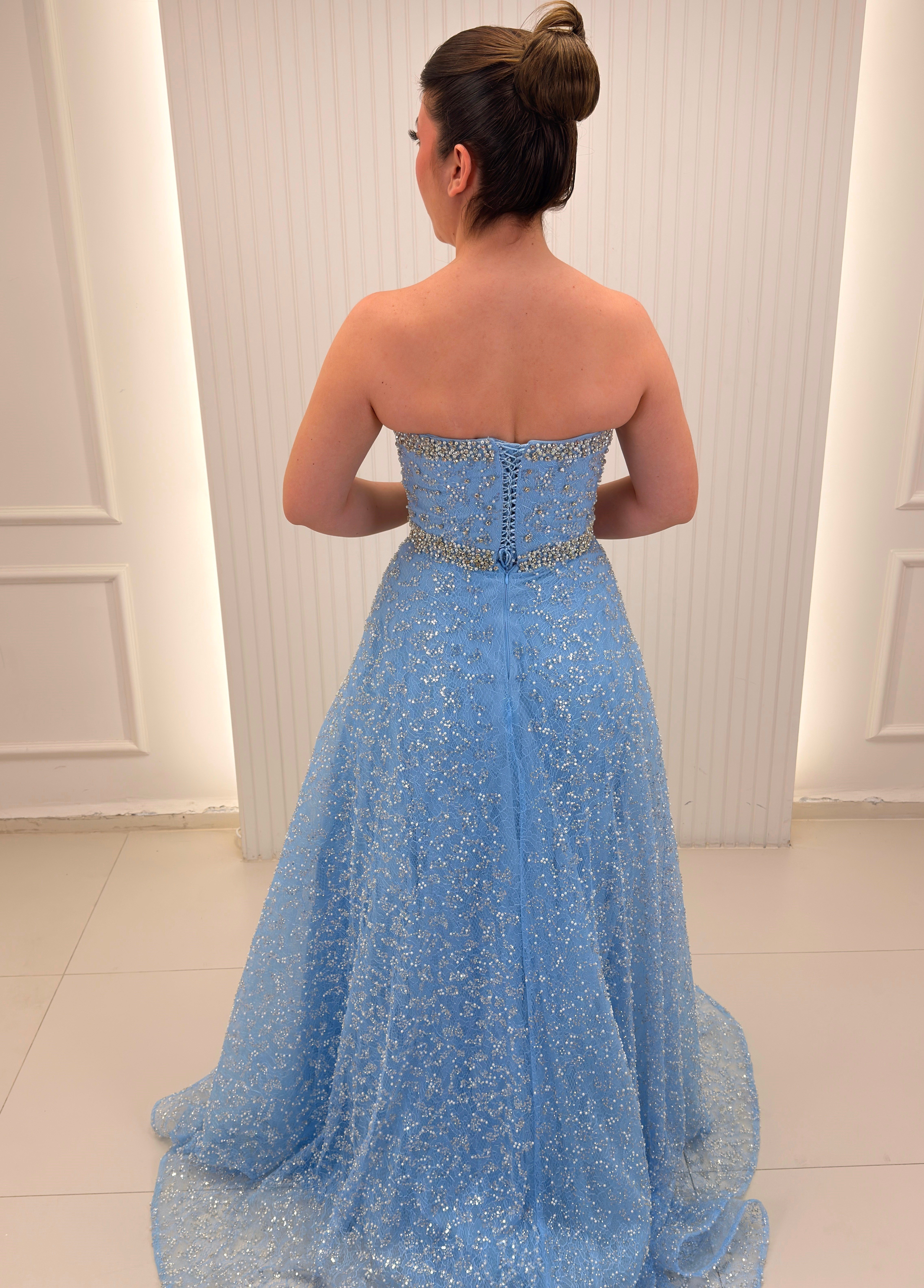 Bebe Mavisi Straplez Taşlı Helen Model Abiye Elbise 