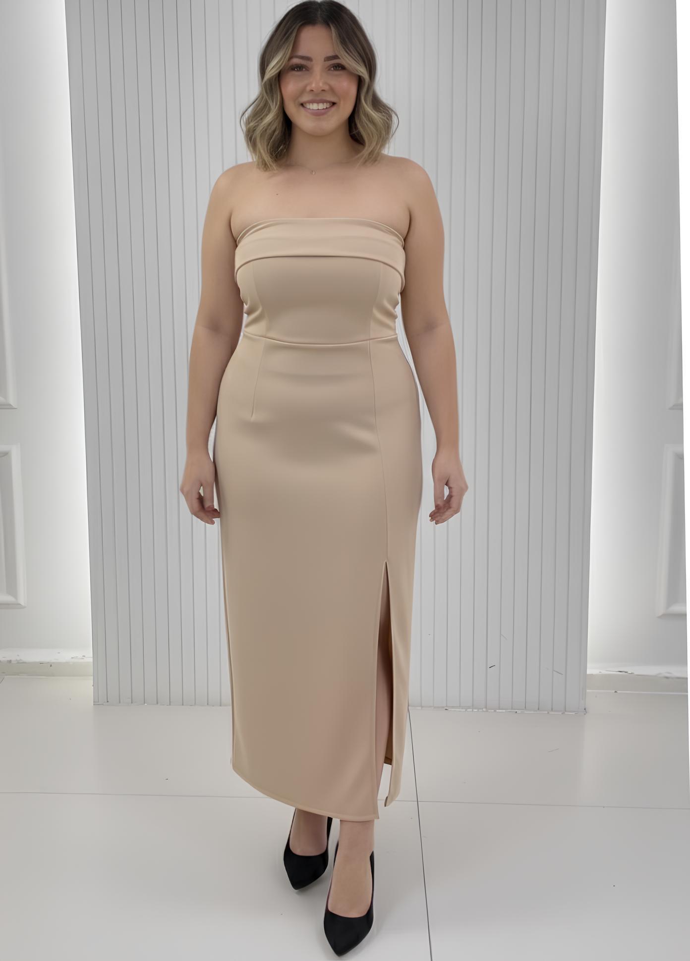 Bej Straplez Yırtmaçlı Midi Krep Elbise