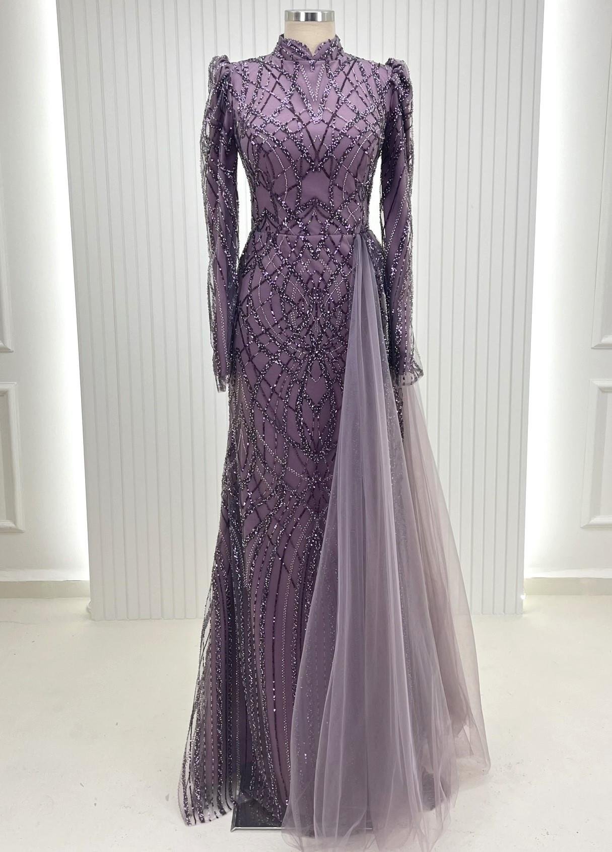 Boncuklu Dantelli Tesettür Abiye Apoletli Kaftan Damatlıklı Kombin Set 31