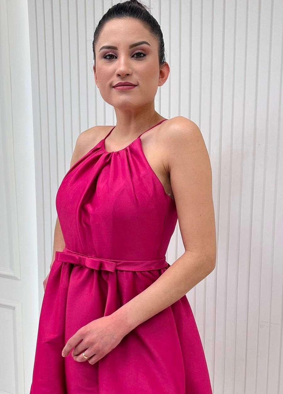 Fuşya Stefani Yaka Tafta Beli Fiyonklu Kısa Elbise