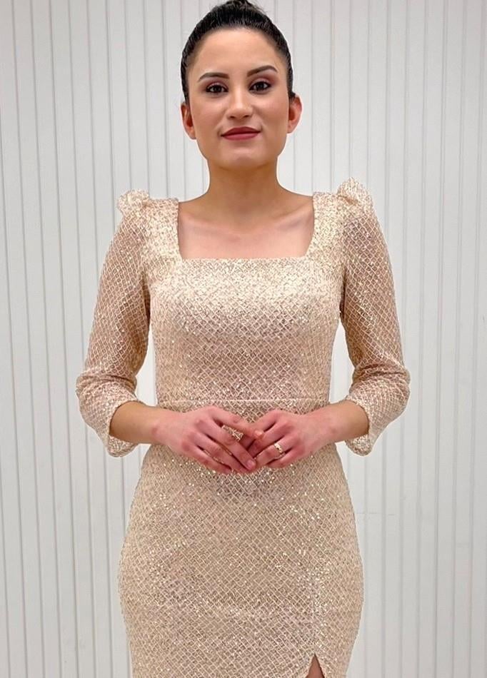 Gold File Parlak Dantel Kare Yaka Midi Abiye Elbise