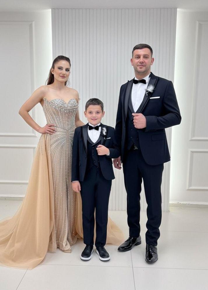Gold Rengi Çift Yakalı Taşlı Abiyeli Baba Oğul Siyah Damatlıklı Kombin Set 138