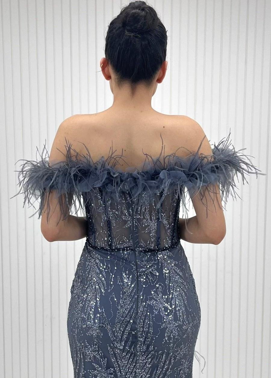 Gri Madonna Yaka Etek Yaka Otrişli Prizma Boncuklu Balık Abiye Elbise