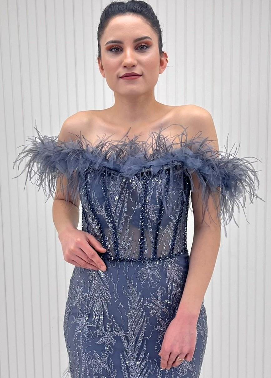 Gri Madonna Yaka Etek Yaka Otrişli Prizma Boncuklu Balık Abiye Elbise