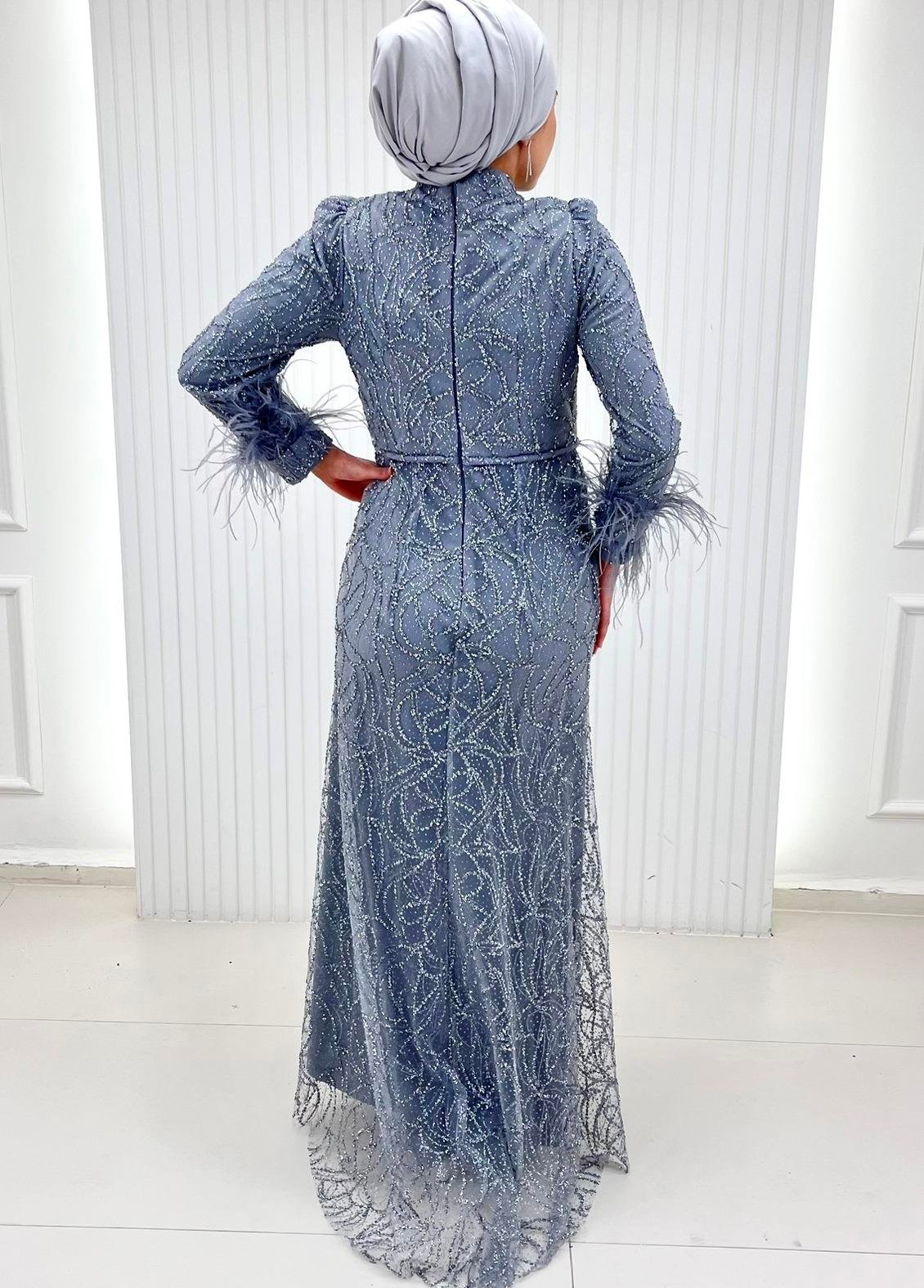 Gri Zincir Desen Dantelli Kolları Otrişli Tesettür Abiye Elbise
