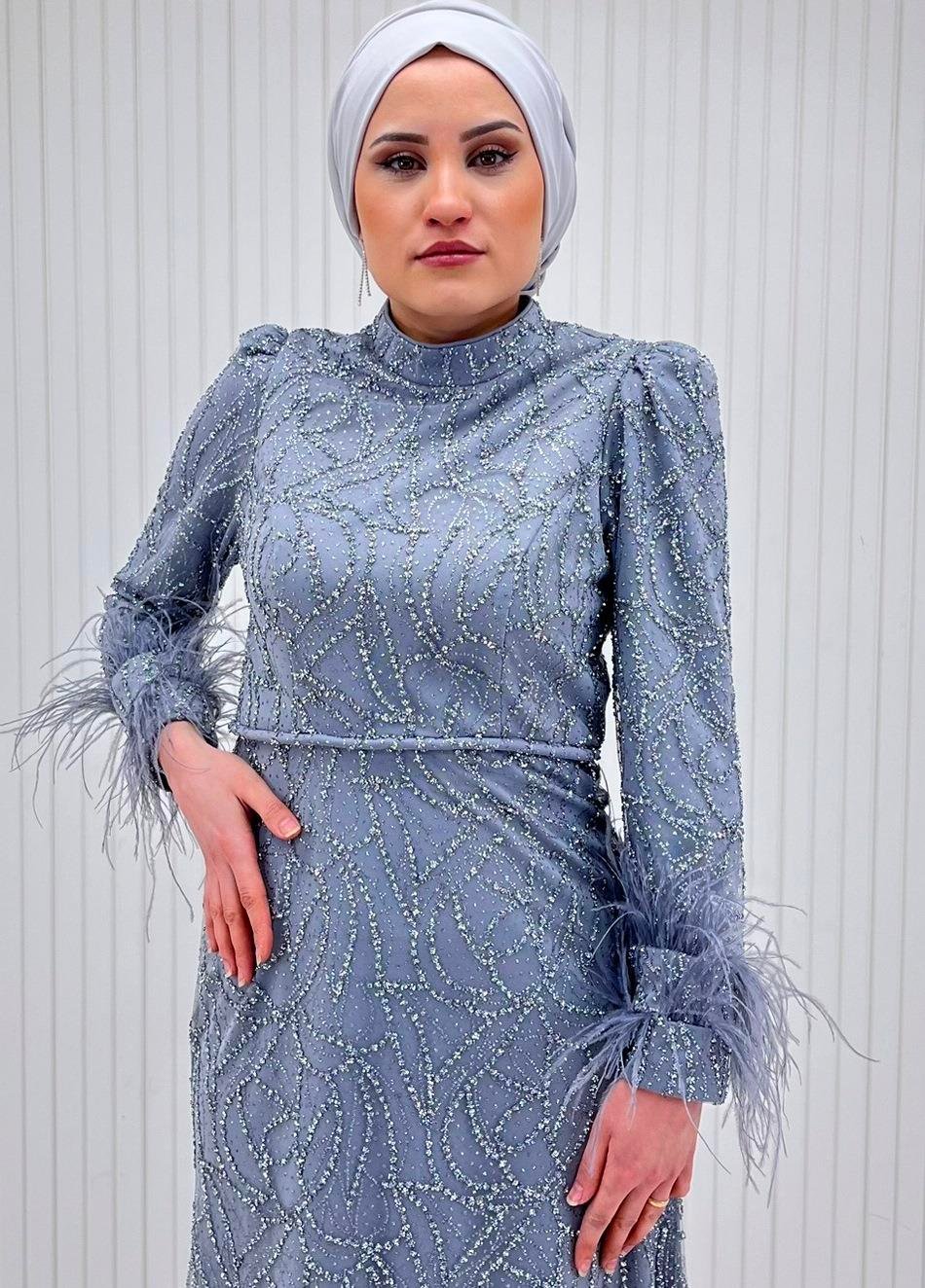 Gri Zincir Desen Dantelli Kolları Otrişli Tesettür Abiye Elbise