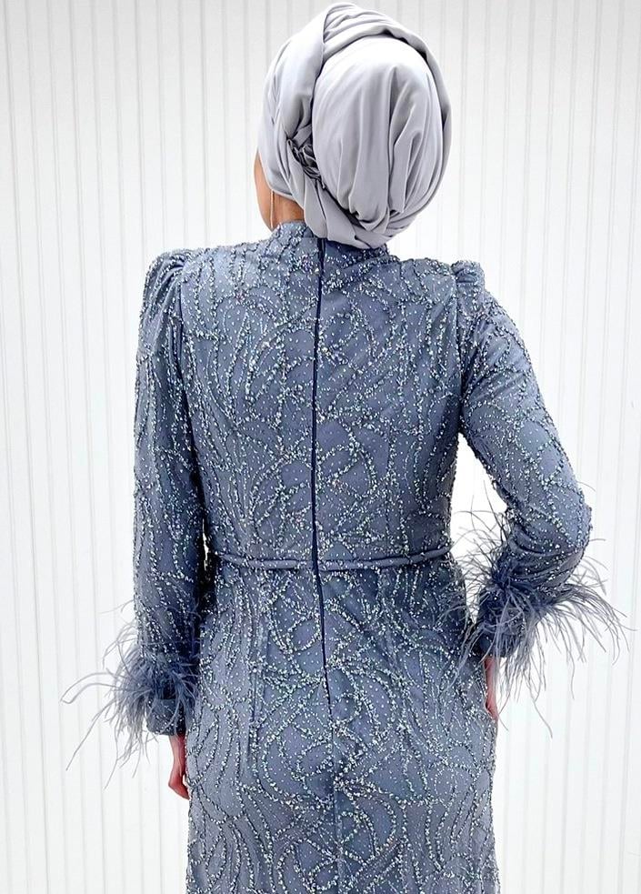 Gri Zincir Desen Dantelli Kolları Otrişli Tesettür Abiye Elbise