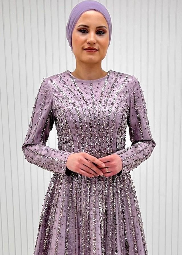 İncili Pullu A Açılımlı Tesettür Abiye Elbise