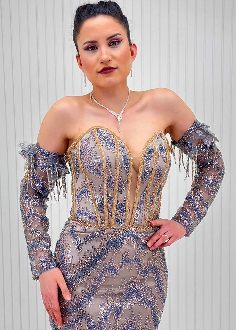 İndigo Gold Oval Korsajlı Yaka Boncuklu Dantelli Abiye Elbise