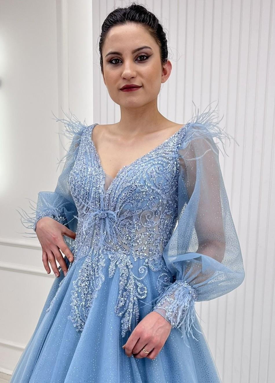 İndigo Uzun Tül Kollu Dantel Aplikli  A Kesim Abiye Elbise