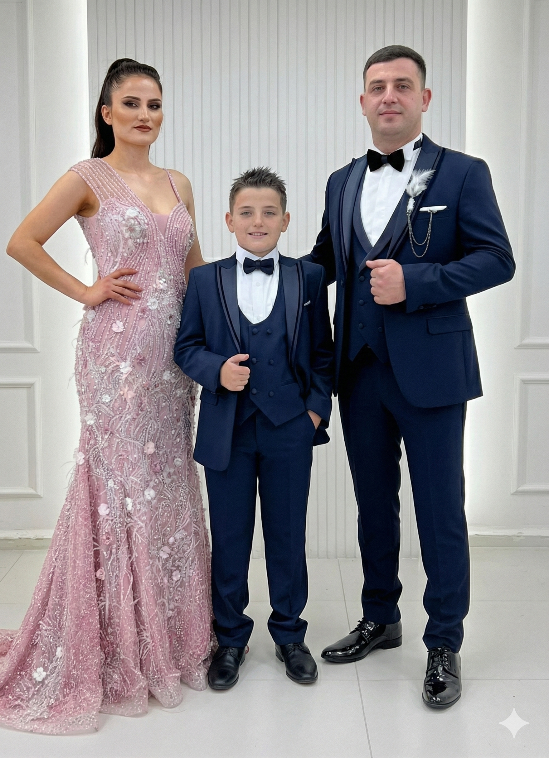 İthal Tek Omuz Detaylı Çiçekli Balık Abiye Lacivert Baba Oğul Damatlık Kombinli Set 253