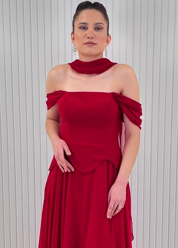Kırmızı Kayık Yaka Peplum Kesim Uzun Şifon Abiye Elbise 