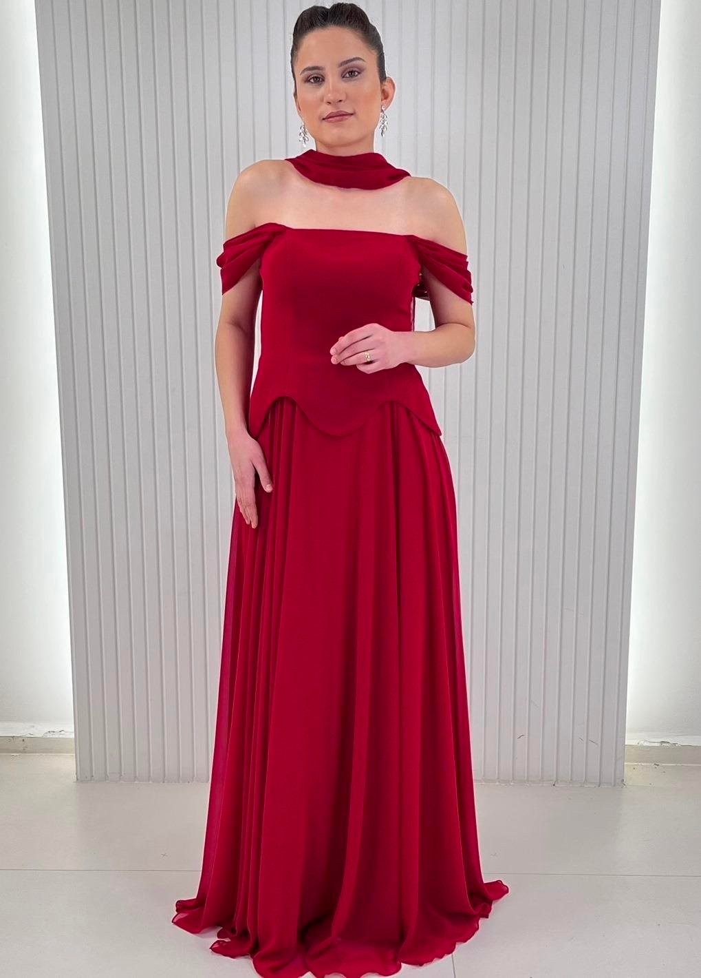 Kırmızı Kayık Yaka Peplum Kesim Uzun Şifon Abiye Elbise 