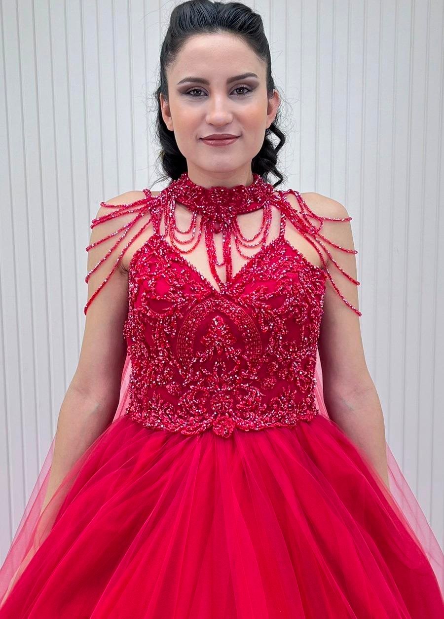 Kırmızı Nakışlı Tasmalı Üstü Dantel Motifli Eteği Fırfırlı Abiye Elbise