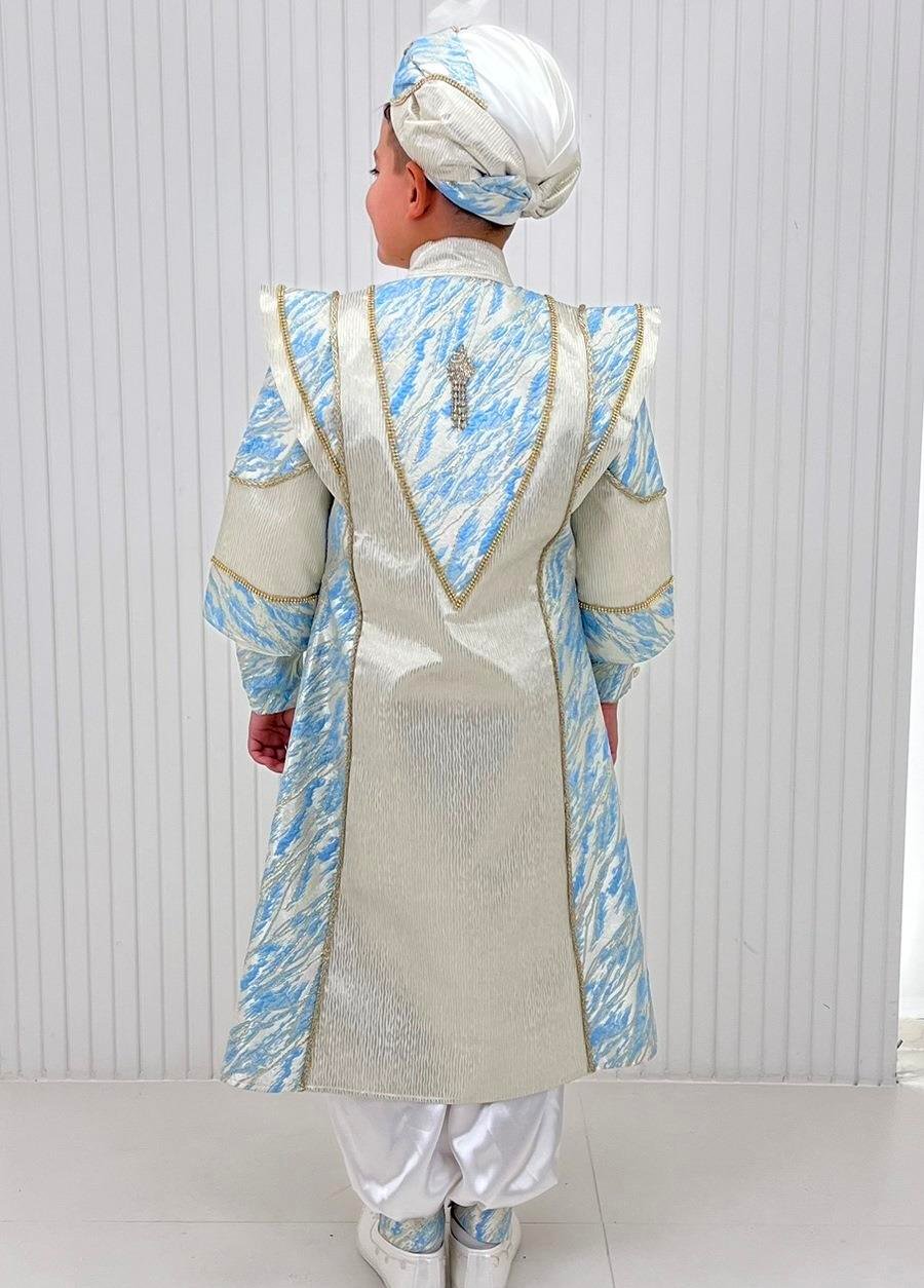 Krem Mavi Simli Brokar Kumaş Taşlı Kaftan Sünnet Kıyafeti