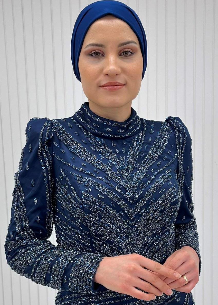 Lacivert Karpuz Kollu Boncuk İşlemeli Kemerli Tesettür Elbise