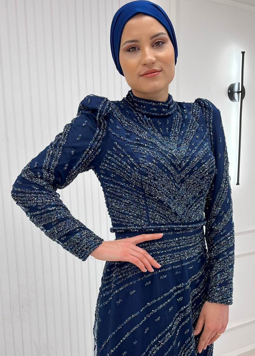 Lacivert Karpuz Kollu Boncuk İşlemeli Kemerli Tesettür Elbise