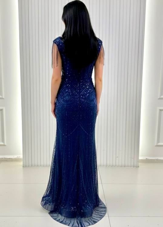 Lacivert Kayık Yaka Pano Desen Nakışlı Özel Abiye Elbise