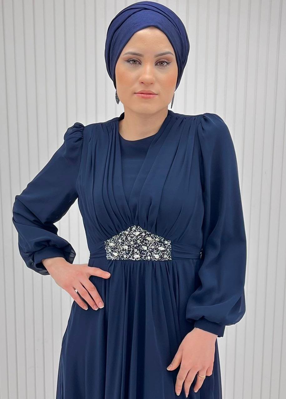 Lacivert Şifon Beli Taşlı Tesettür Abiye Elbise