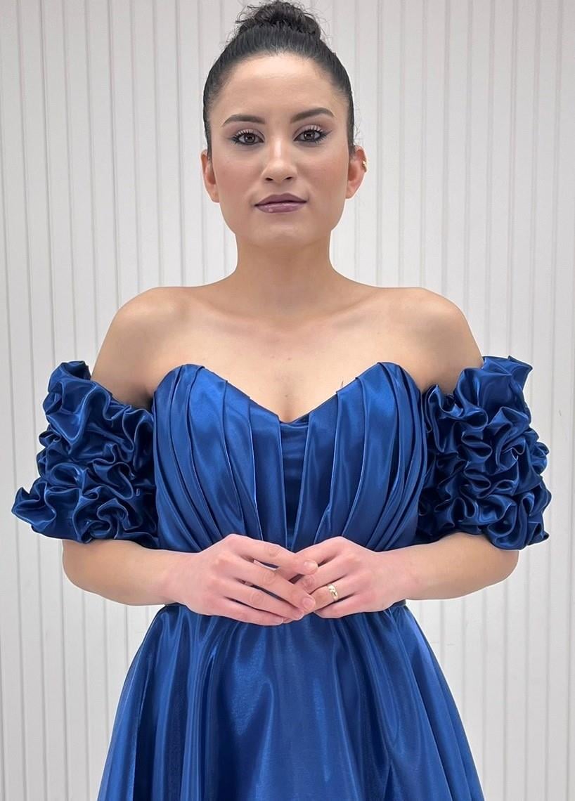 Lacivert Straplez Büzgülü Balon Kol Göğsü Drapeli Abiye Elbise