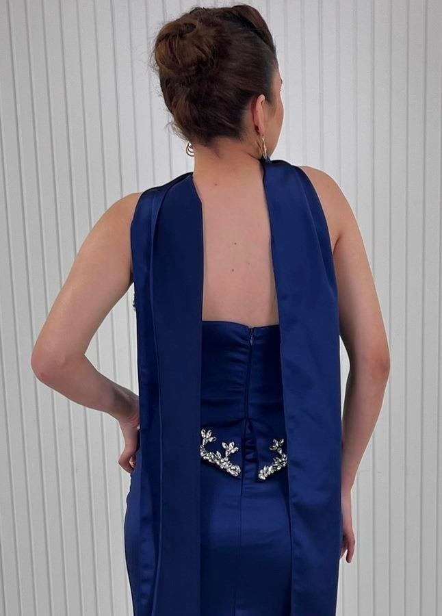 Lacivert Straplez Kristal Taş İşlemeli Peplum Kesim Uzun Saten Abiye