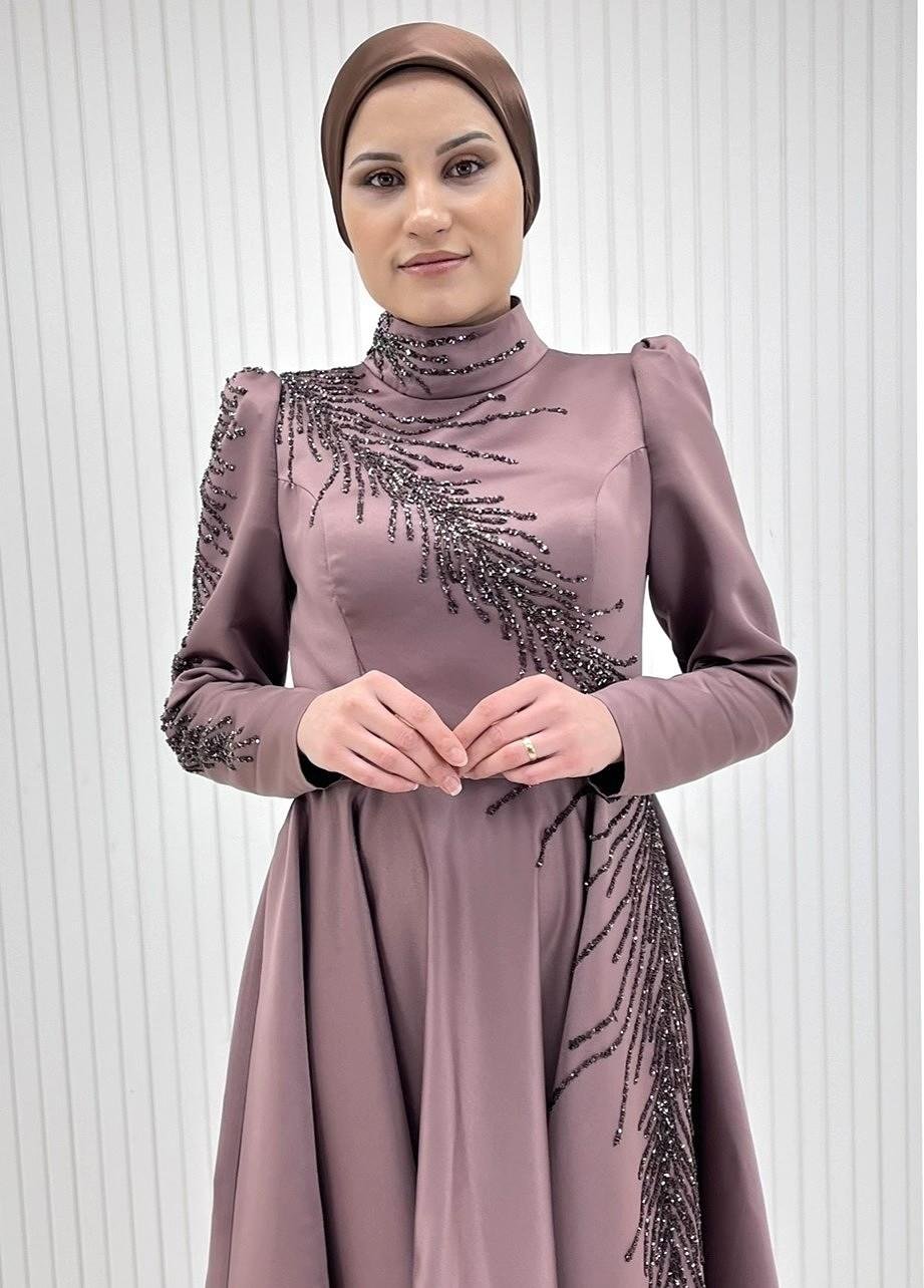 Marsala Balon Kollu Şifon Kendinden Kemerli Tesettür Abiye