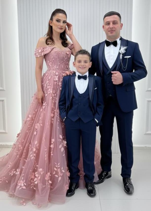 Özel Tasarım Kafes Korse Detalı Boyundan Pelerinli Helen Model Abiye Lacivert Baba Oğul Damatlık Kombinli Set 246