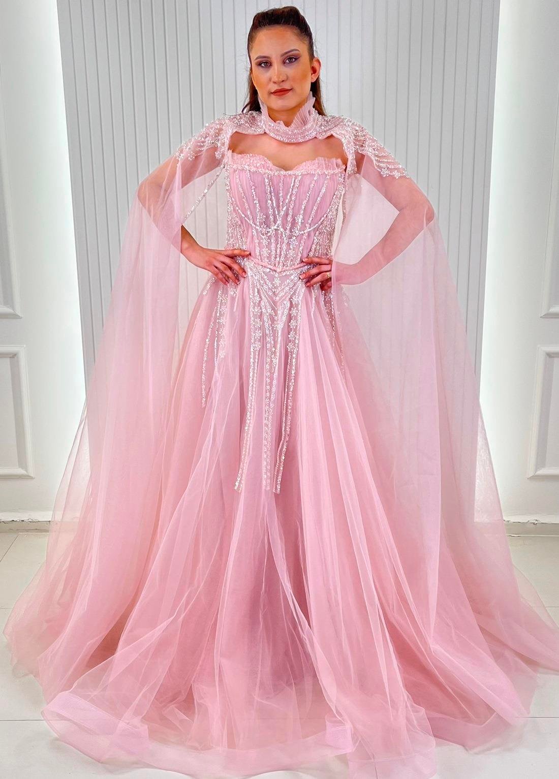 Pembe Beyaz İncili Aplikli A Kesim Abiye Elbise