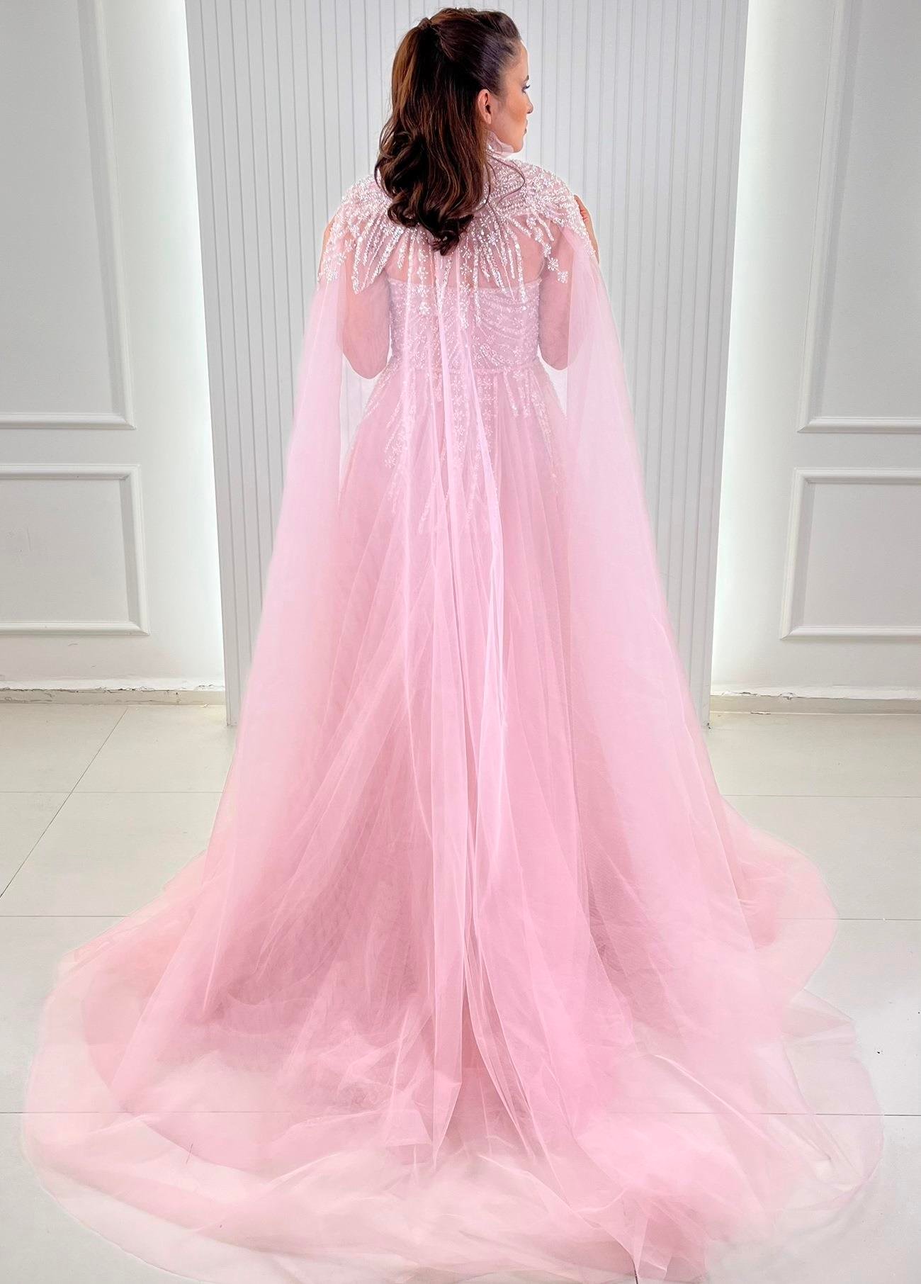 Pembe Beyaz İncili Aplikli A Kesim Abiye Elbise
