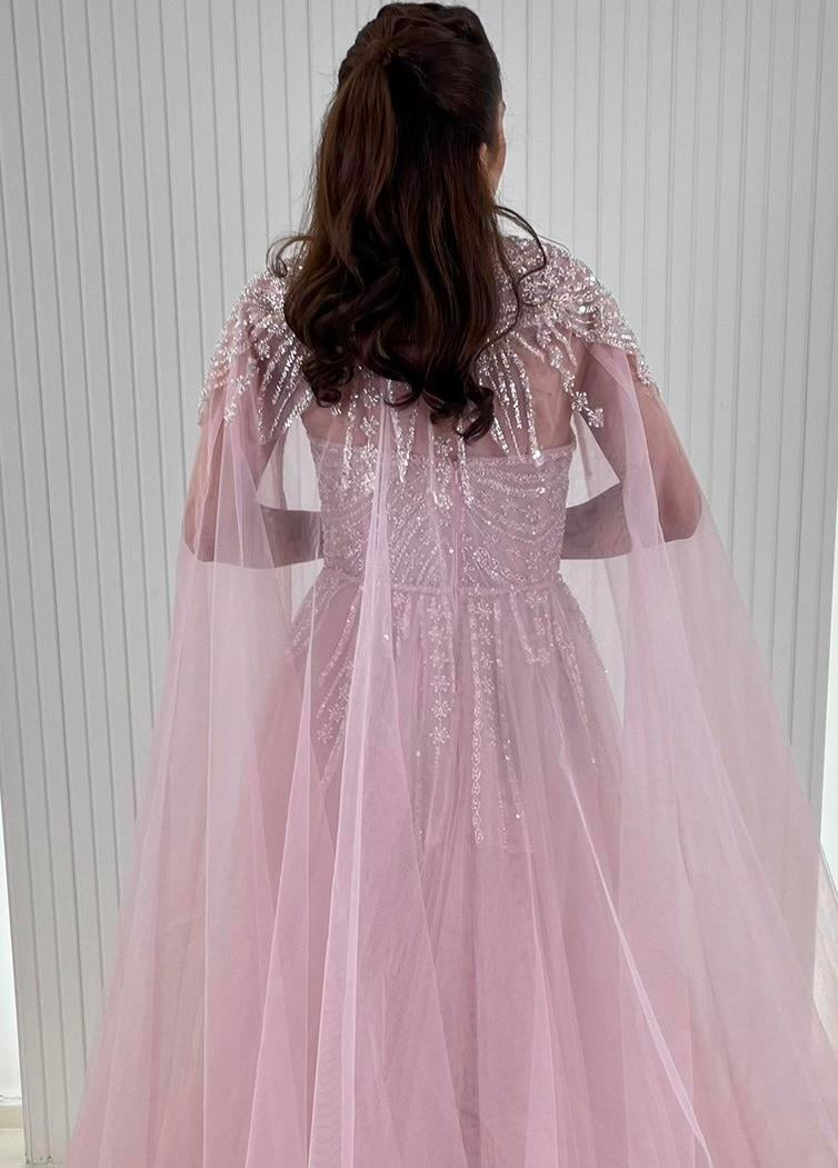 Pembe Beyaz İncili Aplikli A Kesim Abiye Elbise
