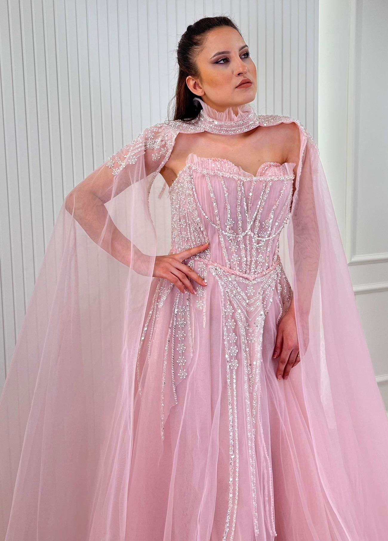 Pembe Beyaz İncili Aplikli A Kesim Abiye Elbise