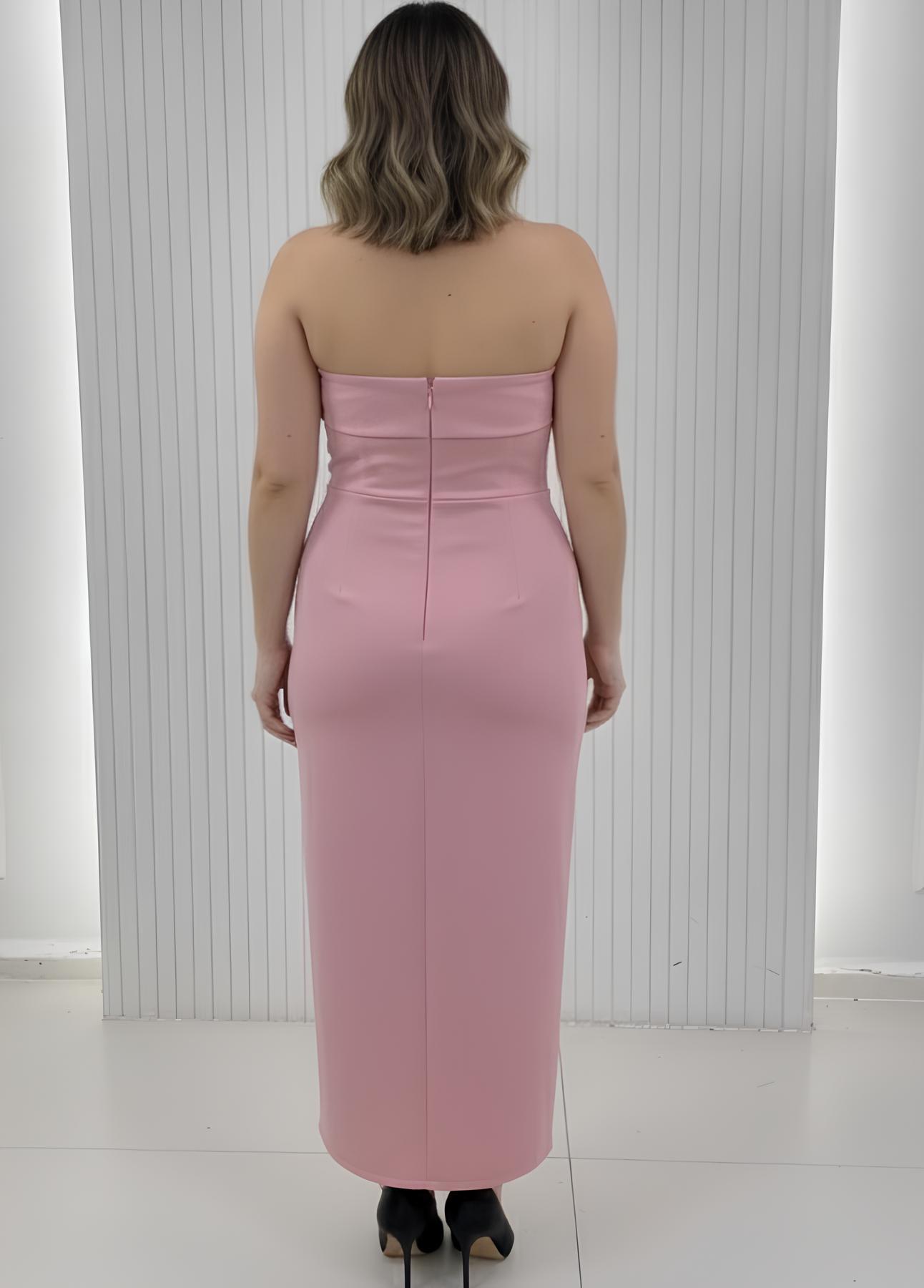 Pembe Straplez Yırtmaçlı Midi Krep Elbise