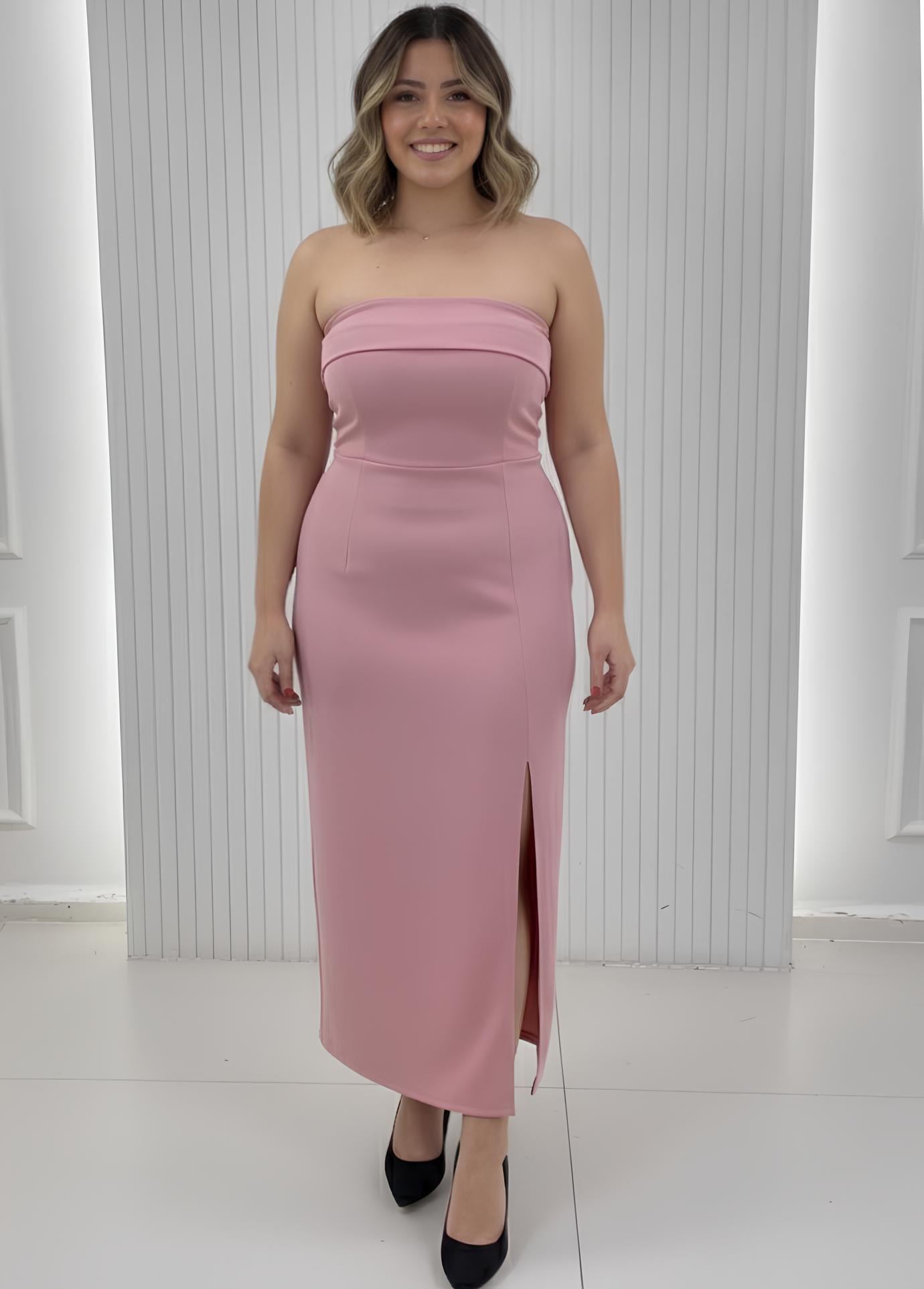 Pembe Straplez Yırtmaçlı Midi Krep Elbise